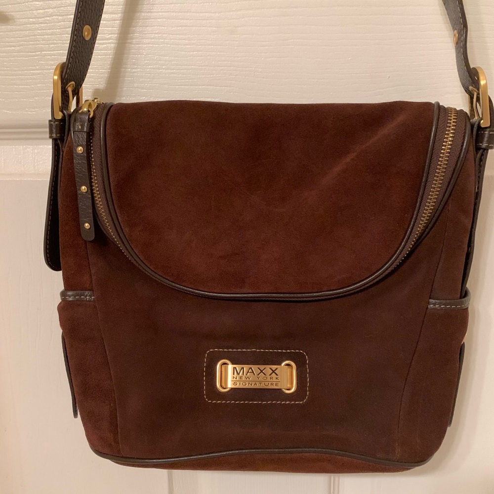 MAXX NEW YORK SIGNATURE BROWN SUEDE HANDBAG